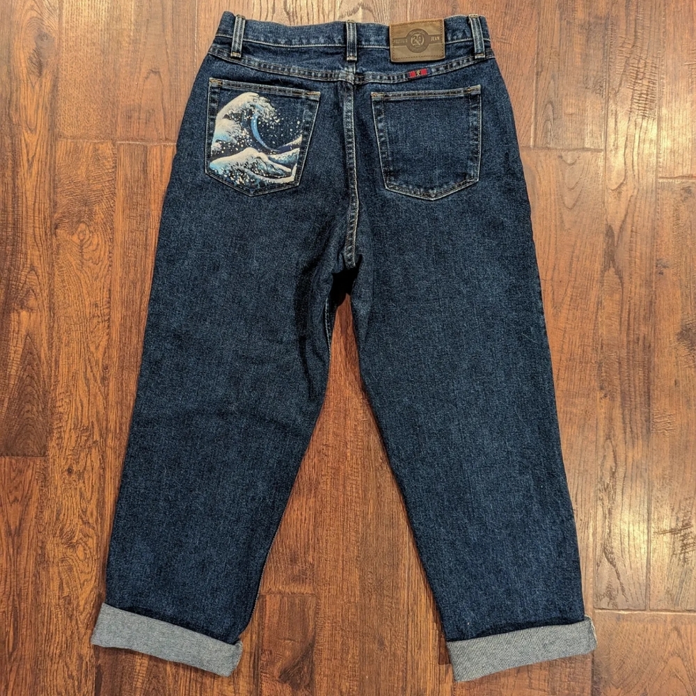 Hand-Painted "The Great Wave off Kanagawa" Vintage High-Waisted Wrangler Jeans - Picture 2 of 7